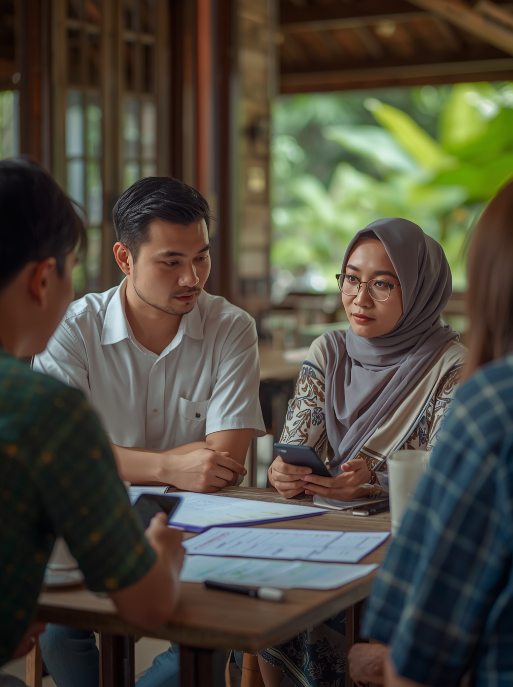 ravel consultant Indonesia sedang berdiskusi dengan klien menggunakan itinerary dan smartphone di suasana outdoor cafe atau cottage dengan nuansa profesional