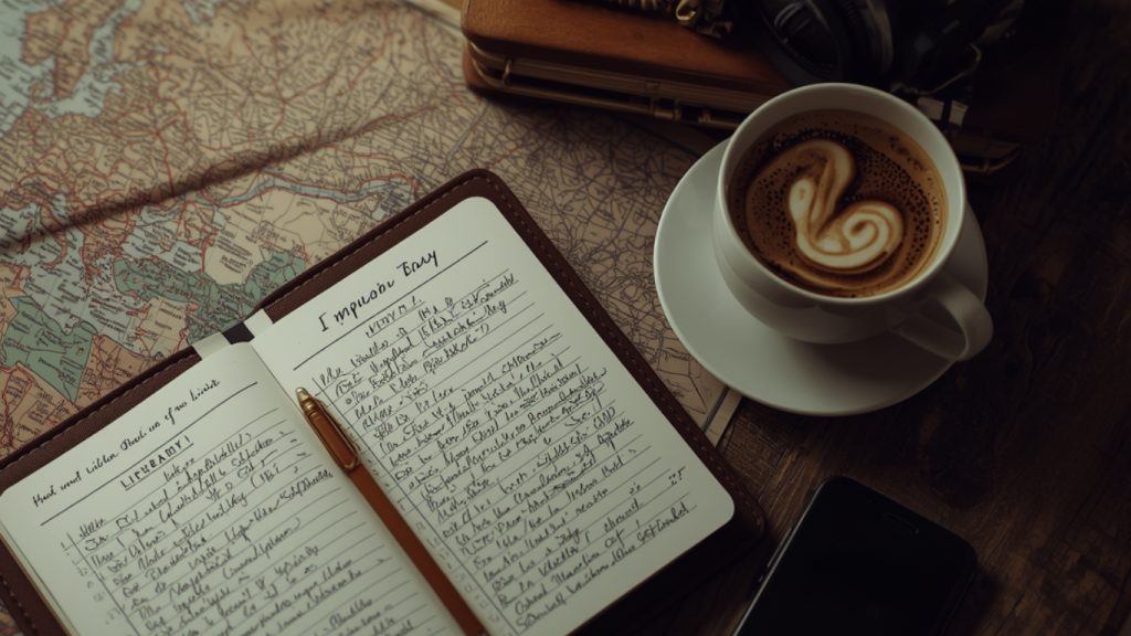 Perencanaan itinerary perjalanan wisata Malang di meja dengan peta dan catatan