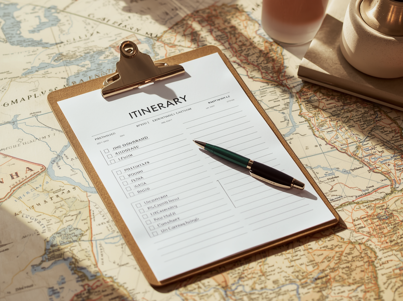 Suasana perencanaan perjalanan premium dengan klipboard itinerary, peta, dan pena di meja dalam gaya minimalis modern