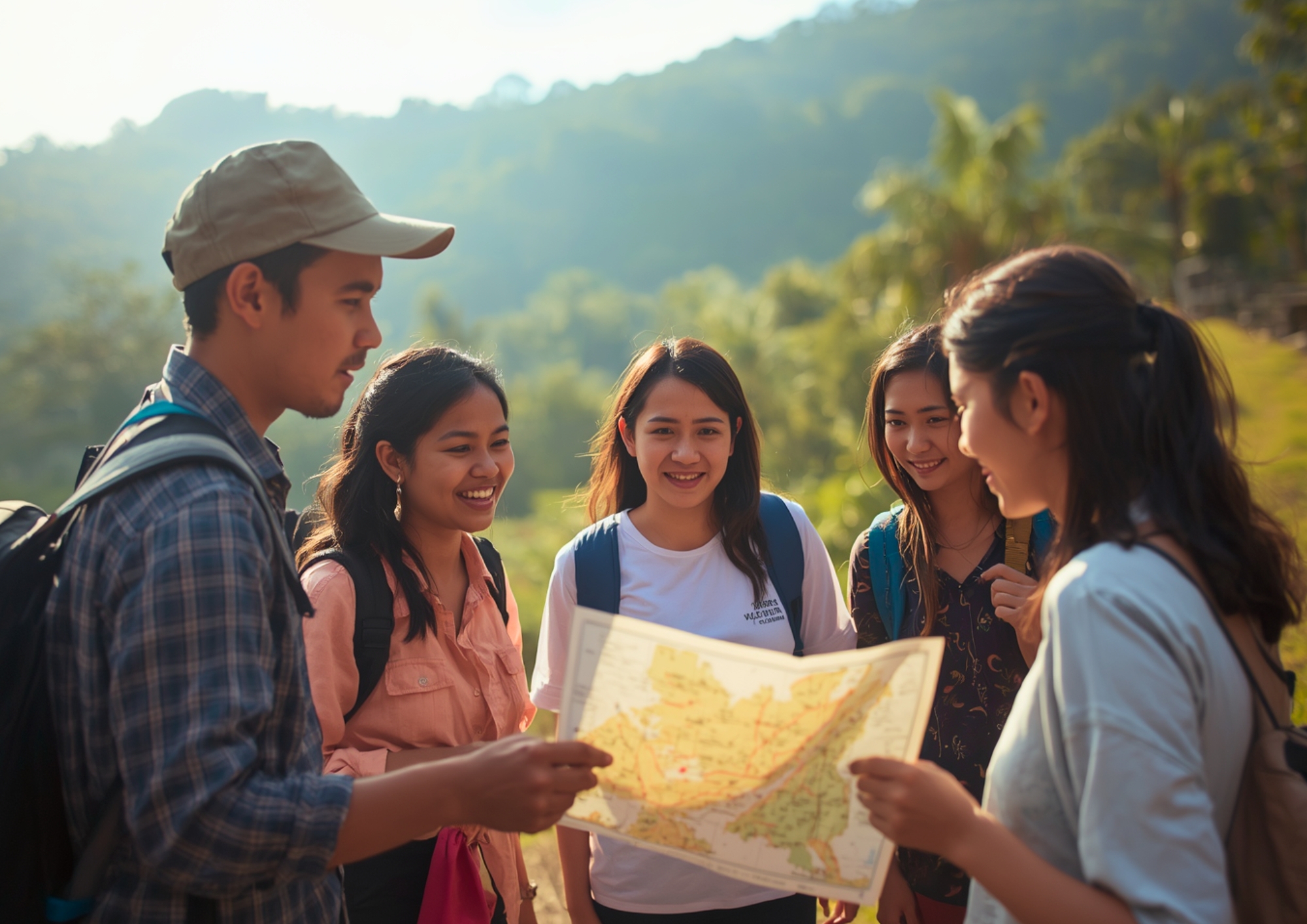 Tour guide Indonesia membantu keluarga merancang perjalanan wisata secara fleksibel dengan peta dalam suasana alam yang nyaman